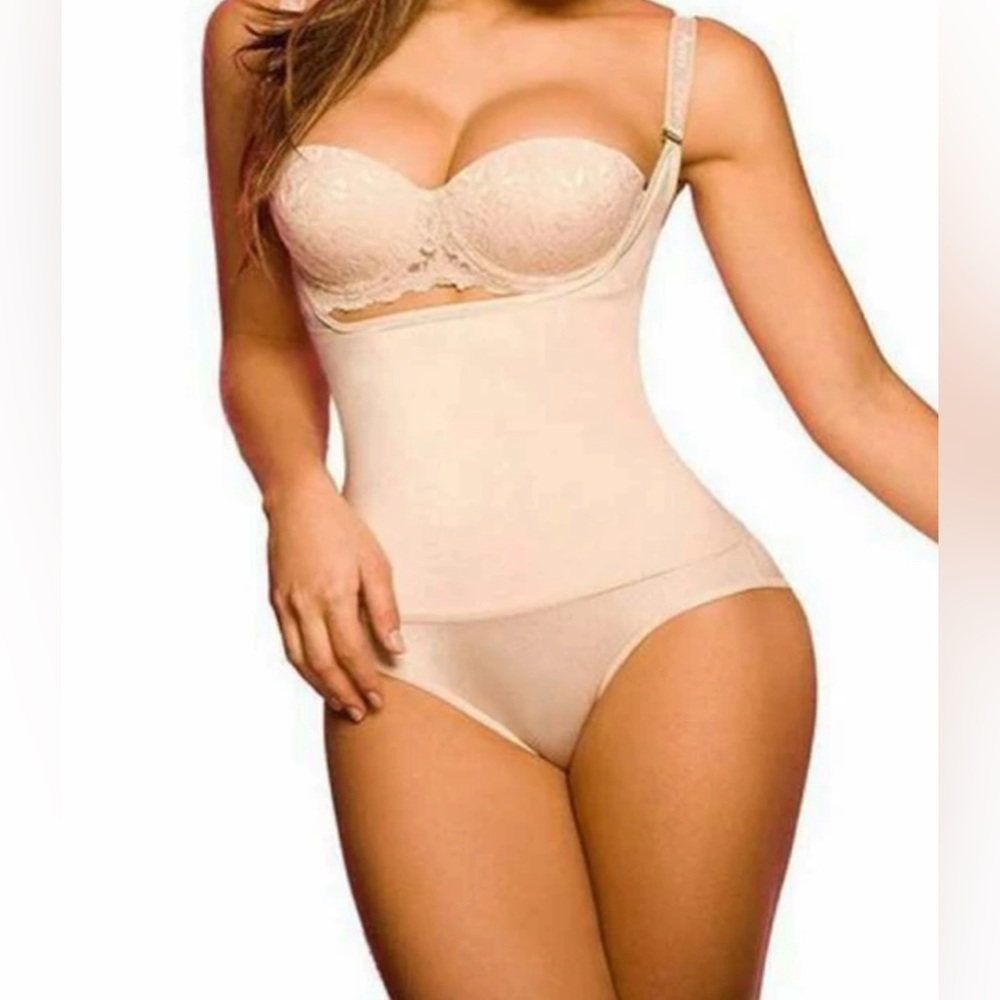 Beige Full Body Shaper Bodysuit XL Adjustable Straps Open Bust Thong Design